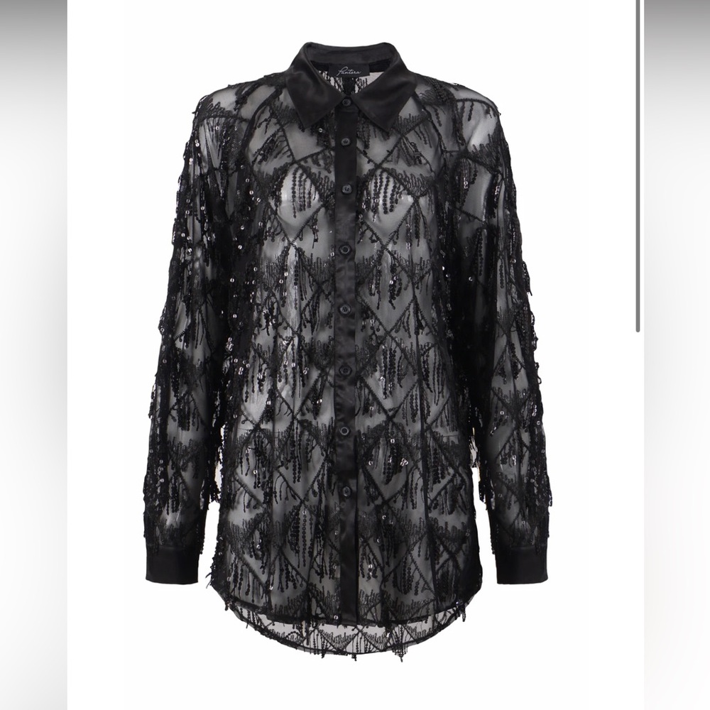 Pantora Scarla Button Up Satin Collar Sequin Top